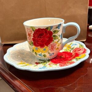 The Pioneer Woman Floral Red Yellow Blue Teacup and Saucer Set